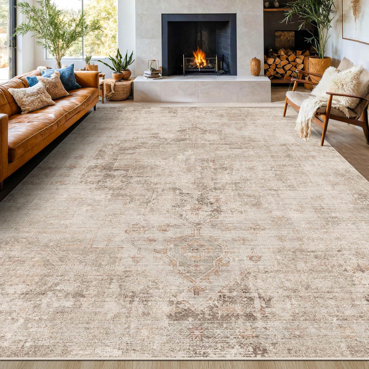 Farmhouse Area Rugs 9x12 for Living Room - Abstract Medallion