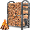 Firewood Rack Indoor with Tools Set - Heavy Duty Antique Silver