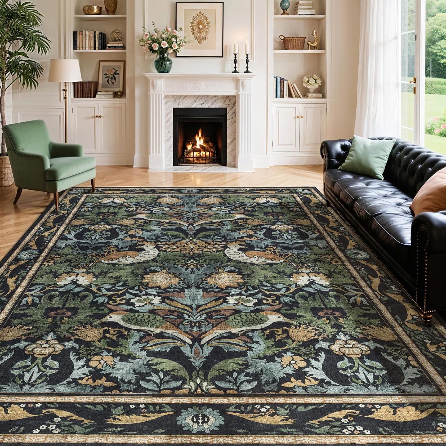 Washable Floral Bird Rugs - Vintage Botanical 8x10 Area Rugs