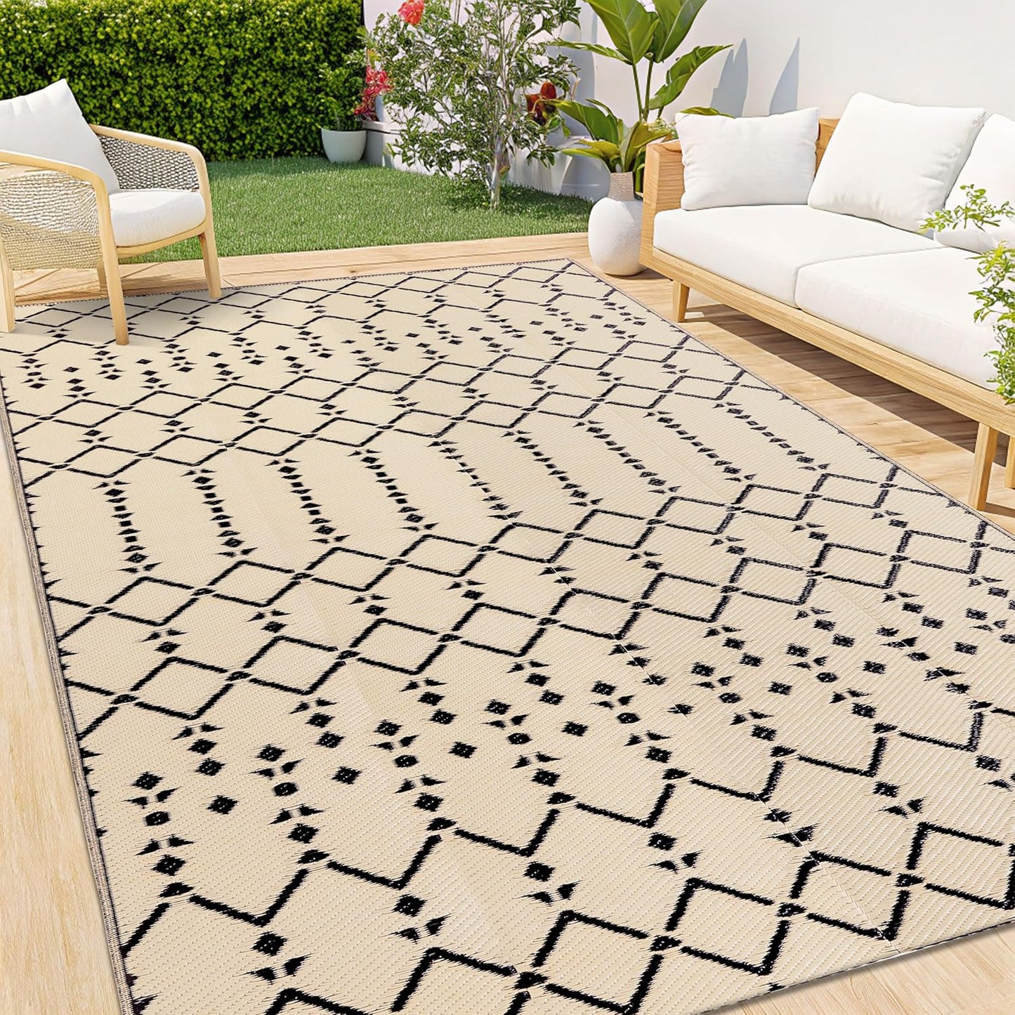 Smiry Outdoor Rug 9x12 ft Waterproof Reversible Plastic Straw
