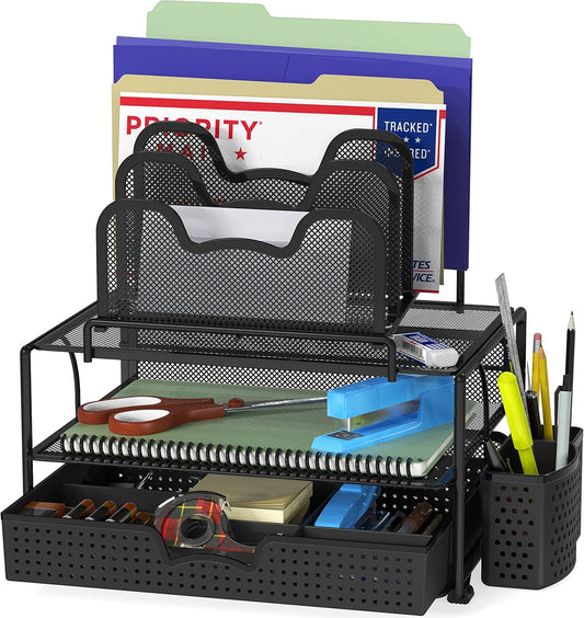 Efficient Mesh Desk Organizer, Slide Drawer, Double Tray, 5 Sorter Sections