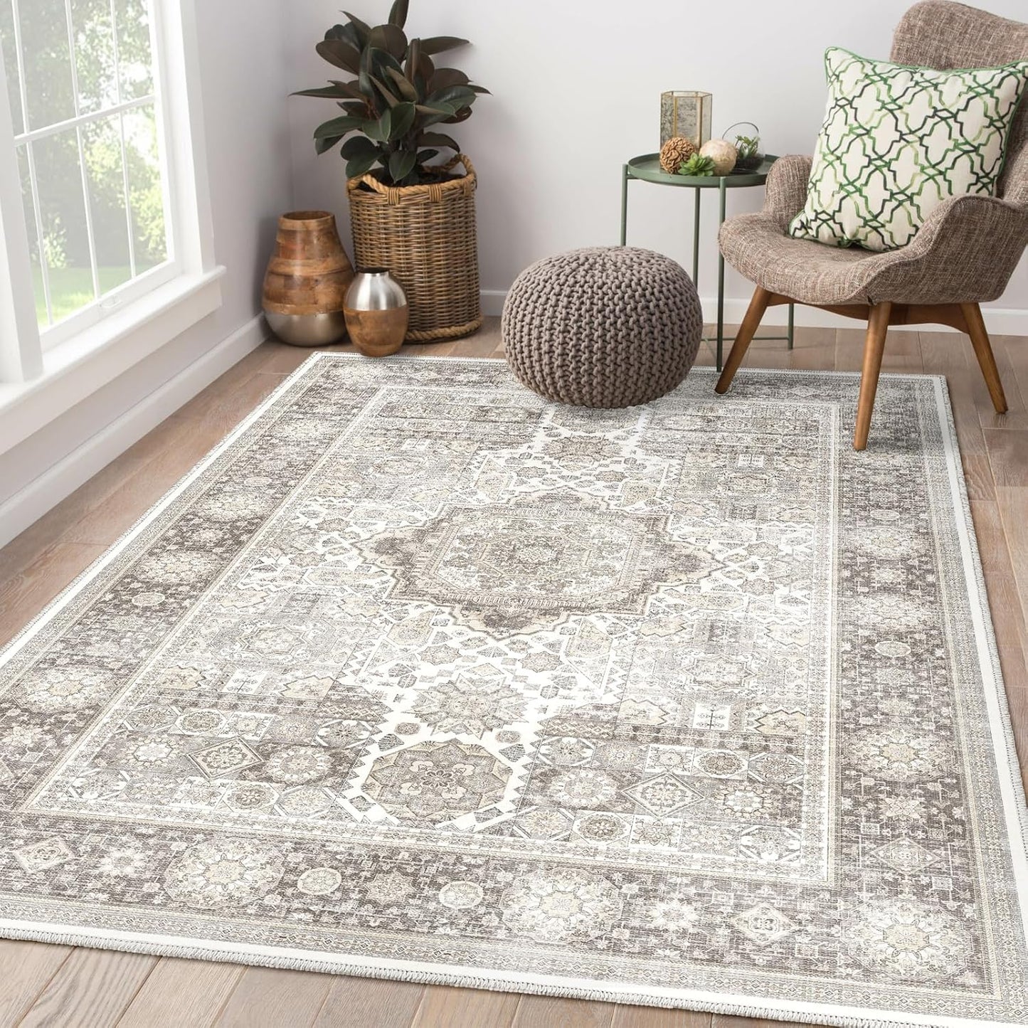 8x10 Vintage Area Rug - Cream & Grey Non Slip Living Room Rug