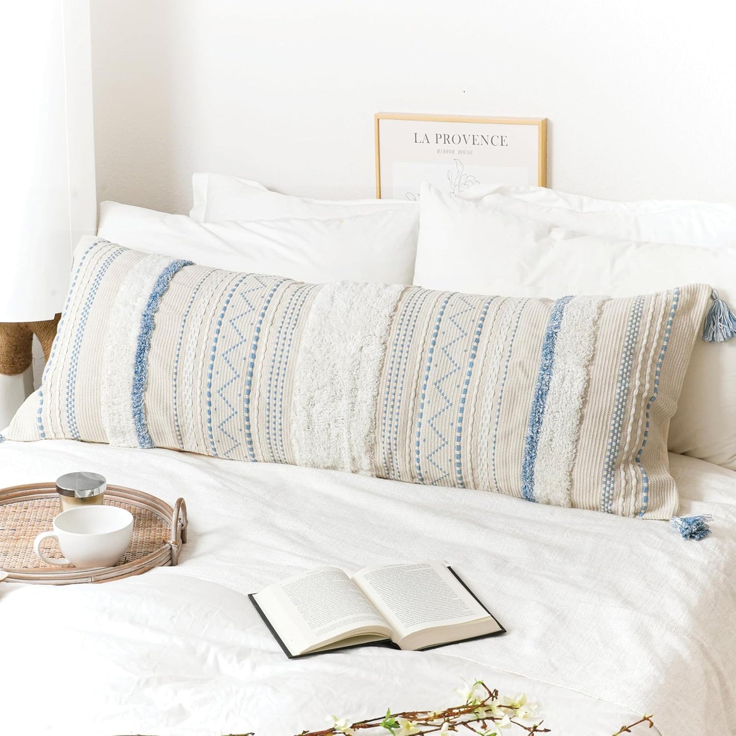 Large Body Pillow Cover for Bed in Coastal Blue Boho Style