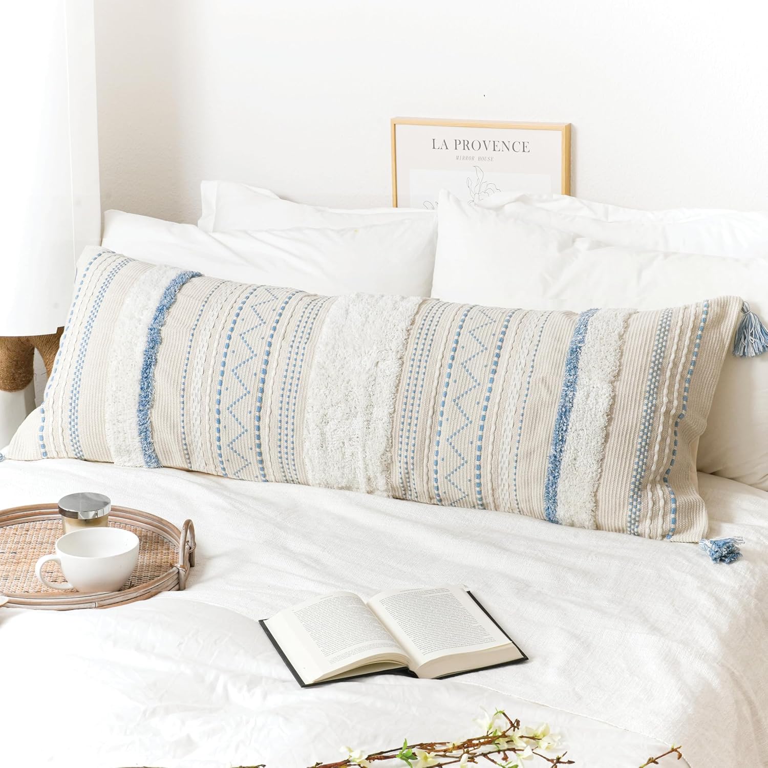 Large Body Pillow Cover for Bed in Coastal Blue Boho Style