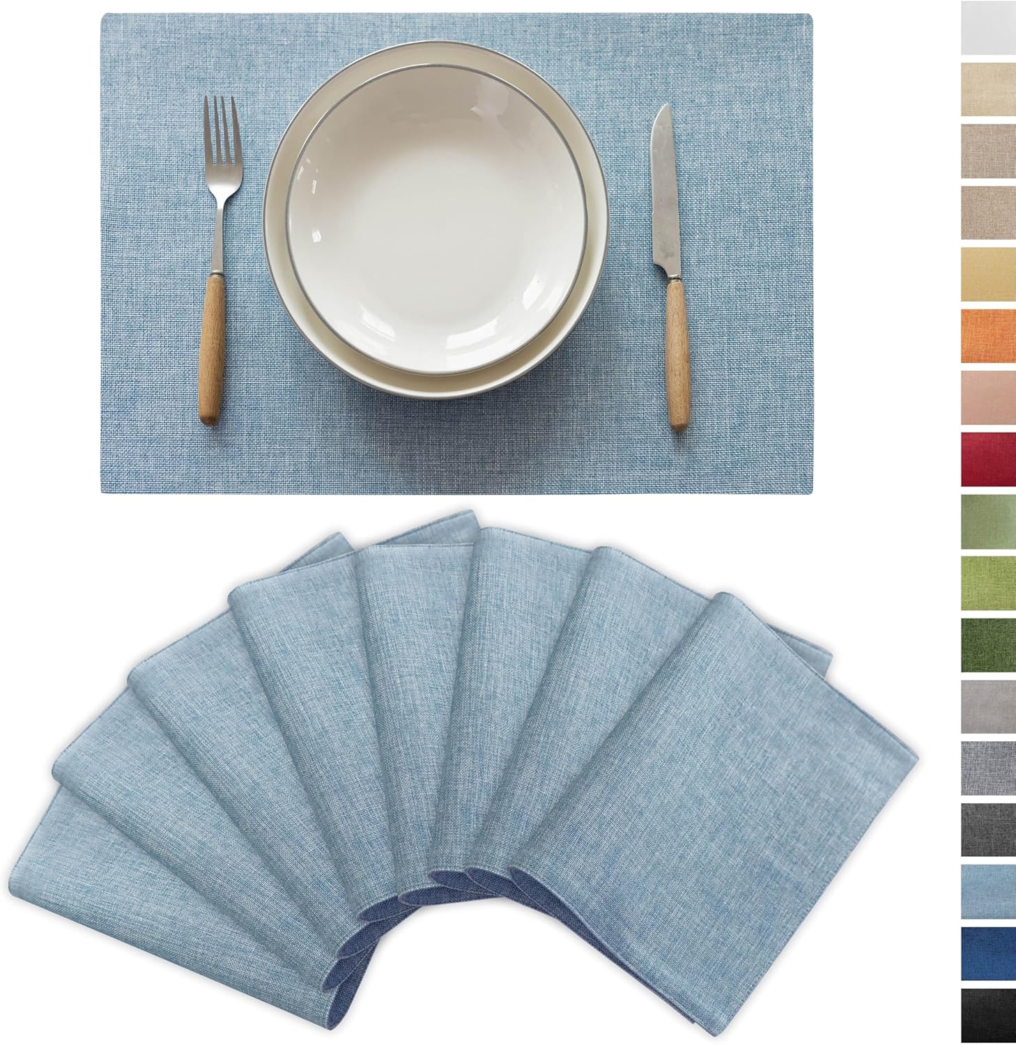 Demetex Placemats Set of 8 Heat Resistant Blue Linen Table Mats