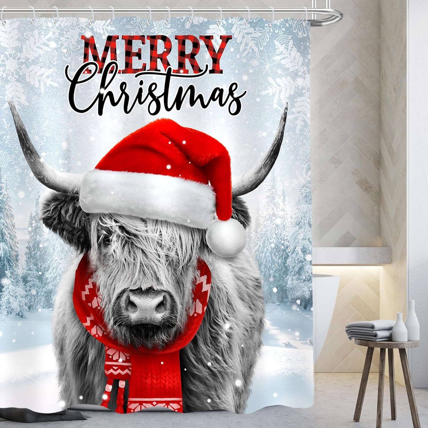 Merry Christmas Cow Shower Curtain - Waterproof Polyester