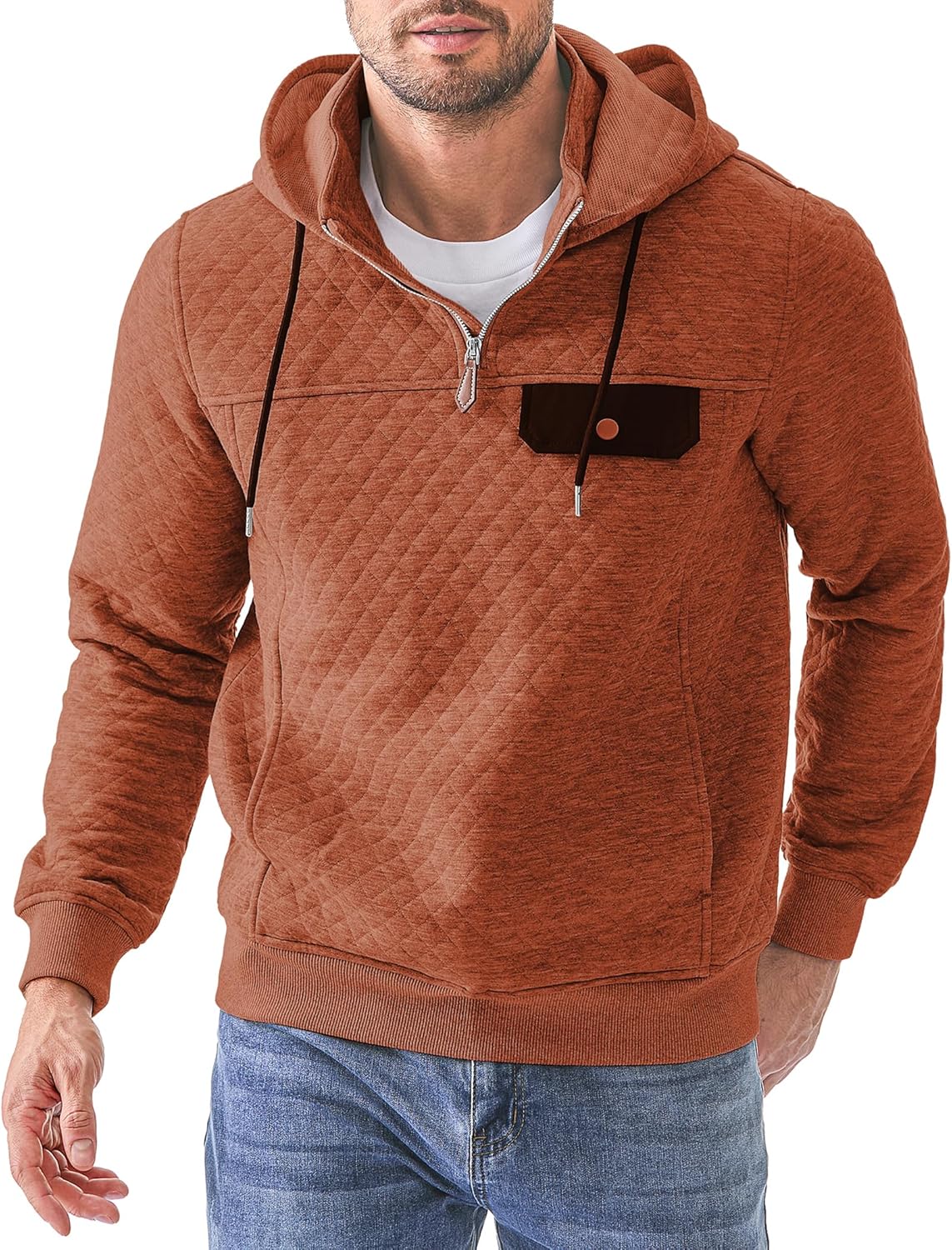 JMIERR Men's Quilted Hoodies Casual Long Sleeve Pullover Sweatshirt