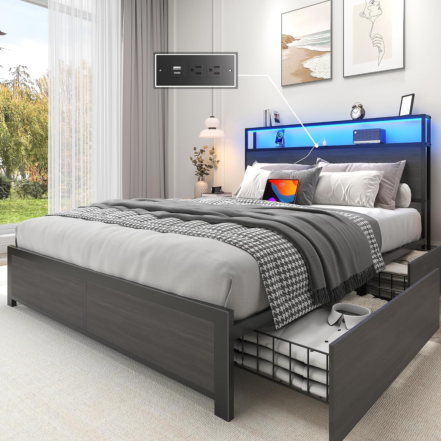 Lifezone Full Bed Frame with Storage Headboard & LED Lights