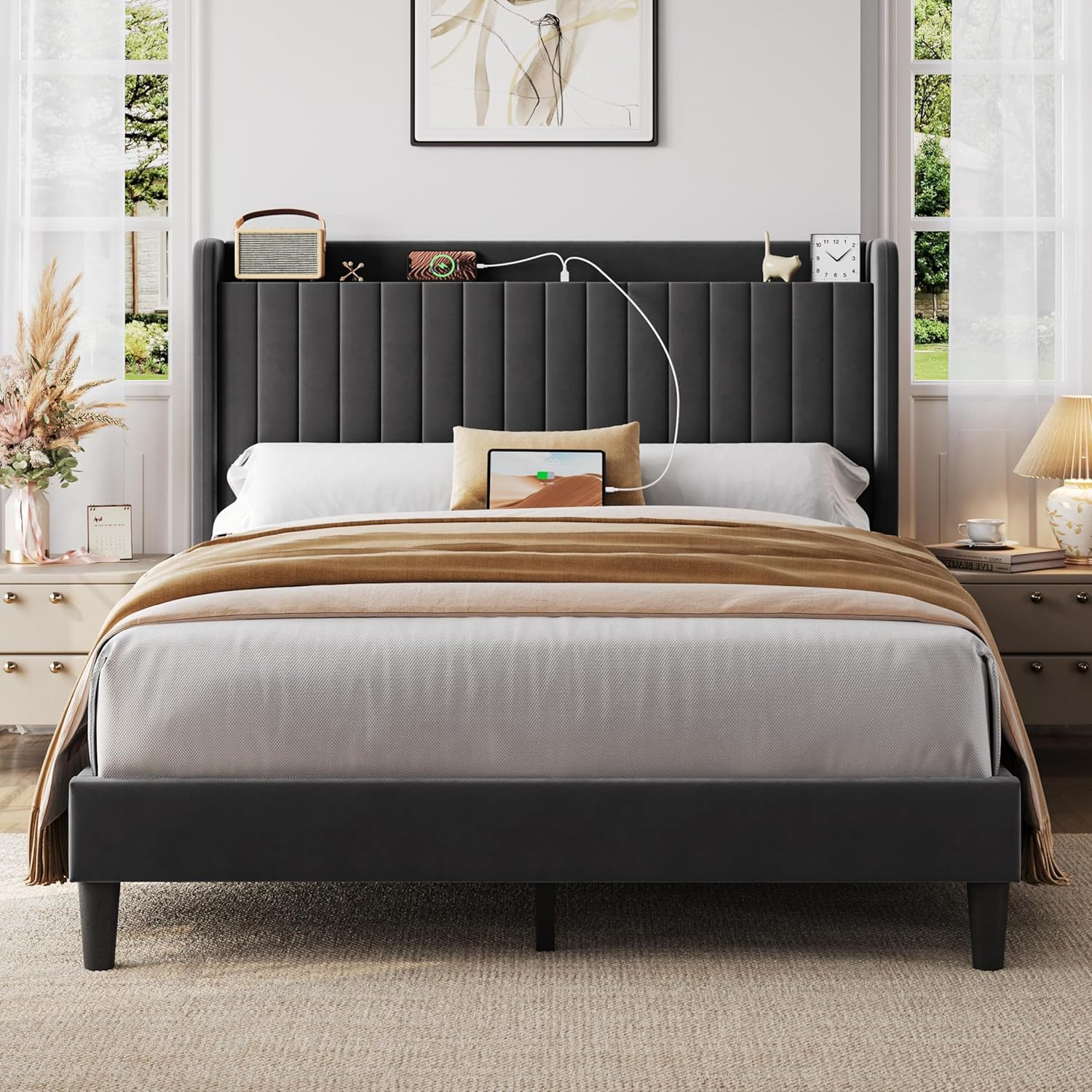 Yaheetech Queen Bed Frame with USB Charging Station and Storage