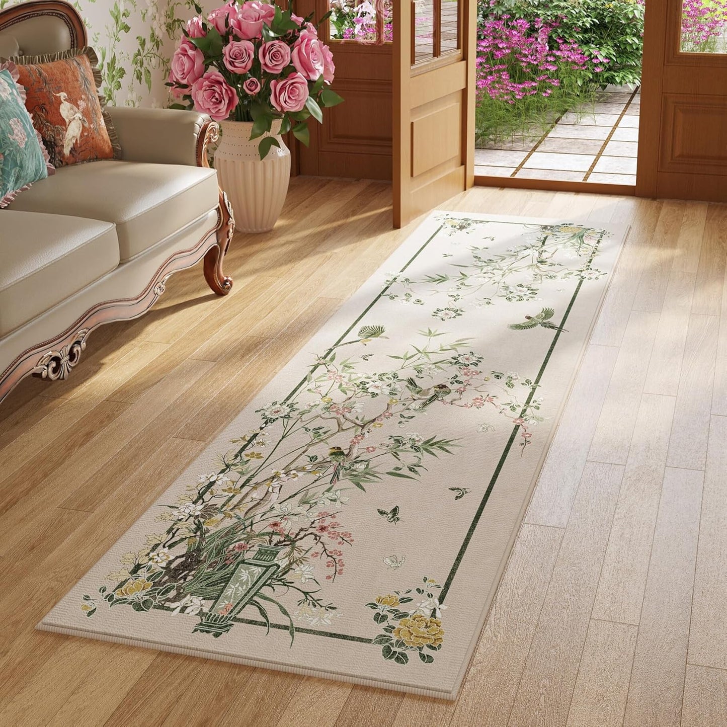 Chinoiserie-Style Floral Runner Rug for Kitchen and Bedroom