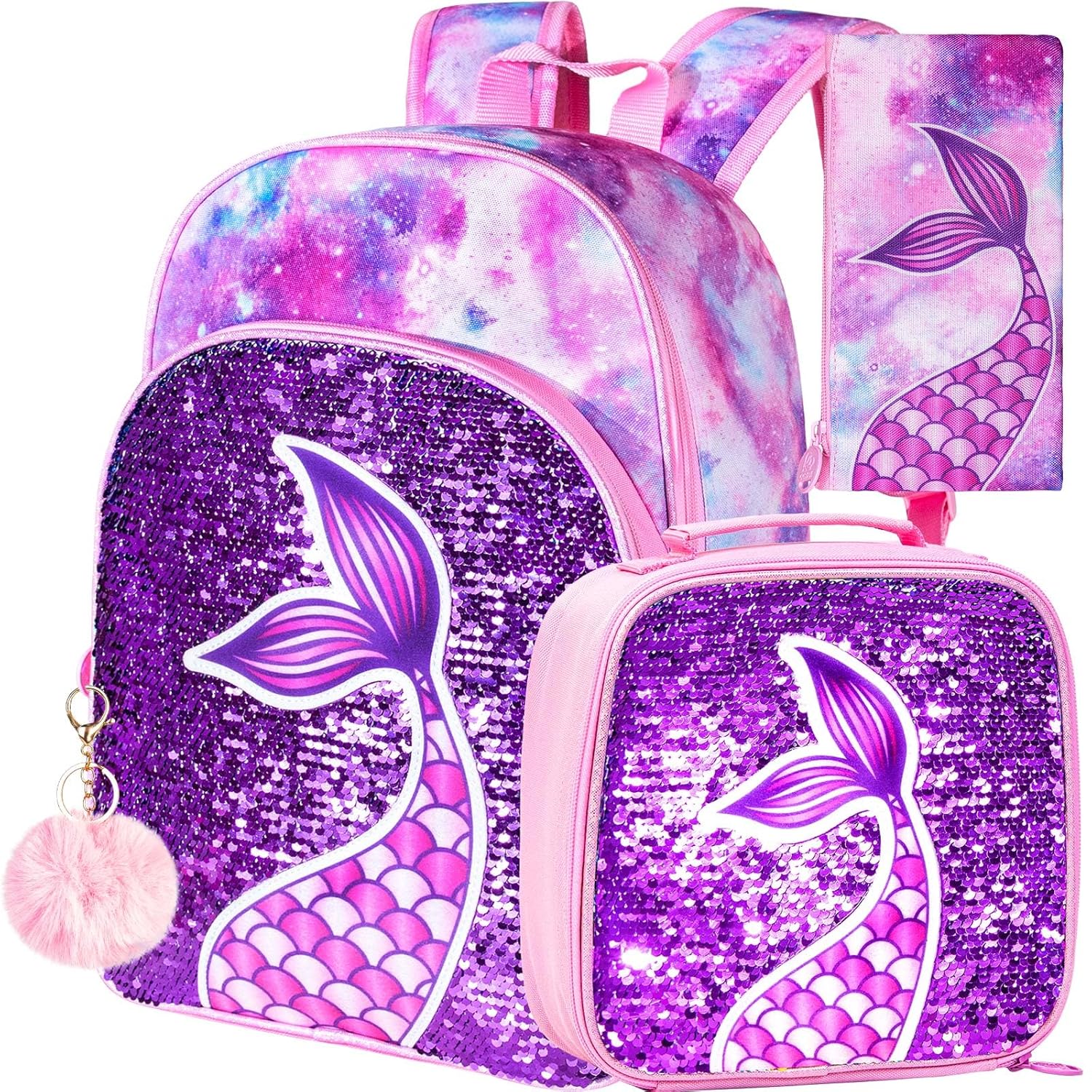 AGSDON Mermaid Sequin Kids Backpack Set