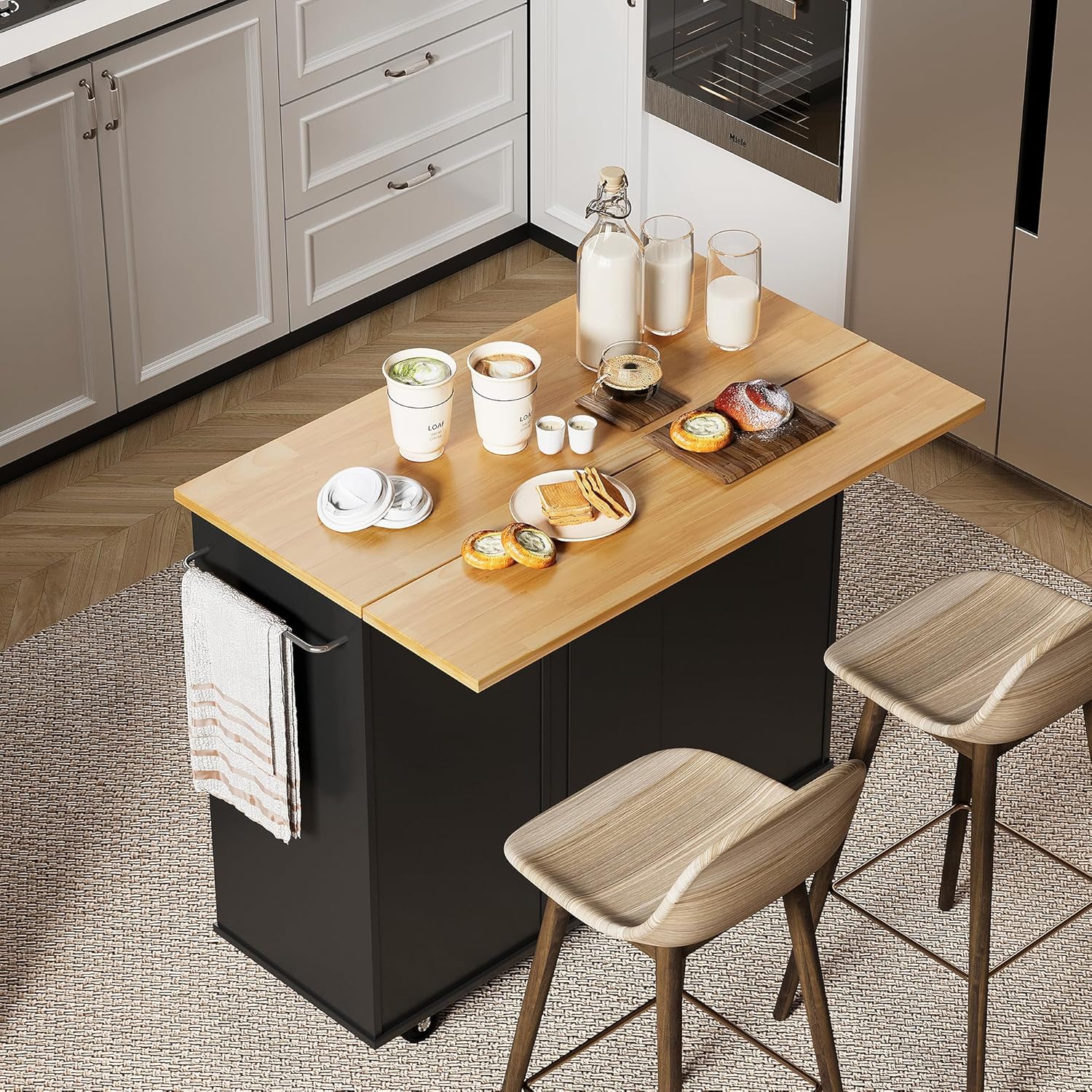 Shintenchi Rolling Kitchen Island Cart with Drop Leaf Design