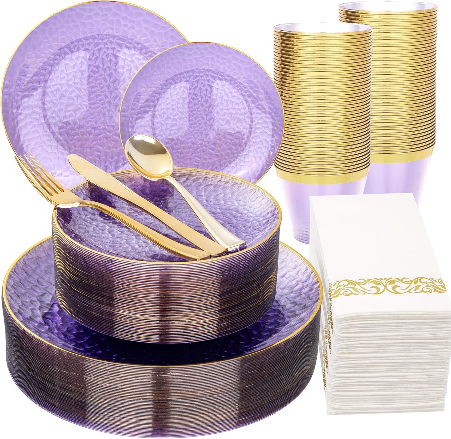 175PCS Clear Purple and Gold Plastic Dinnerware Set for Parties