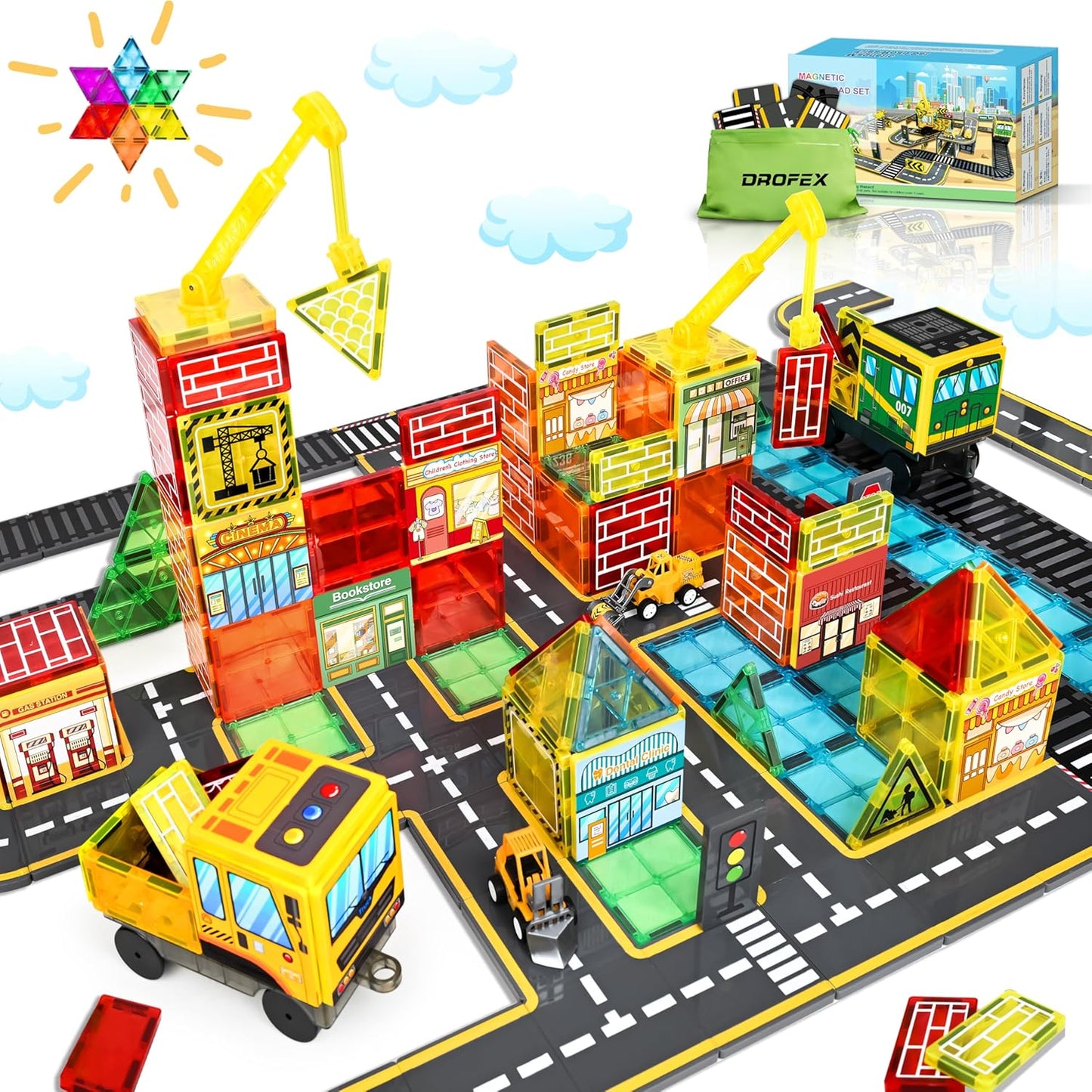 60pc Magnetic Tiles Road Set with Cranes for Creative Play