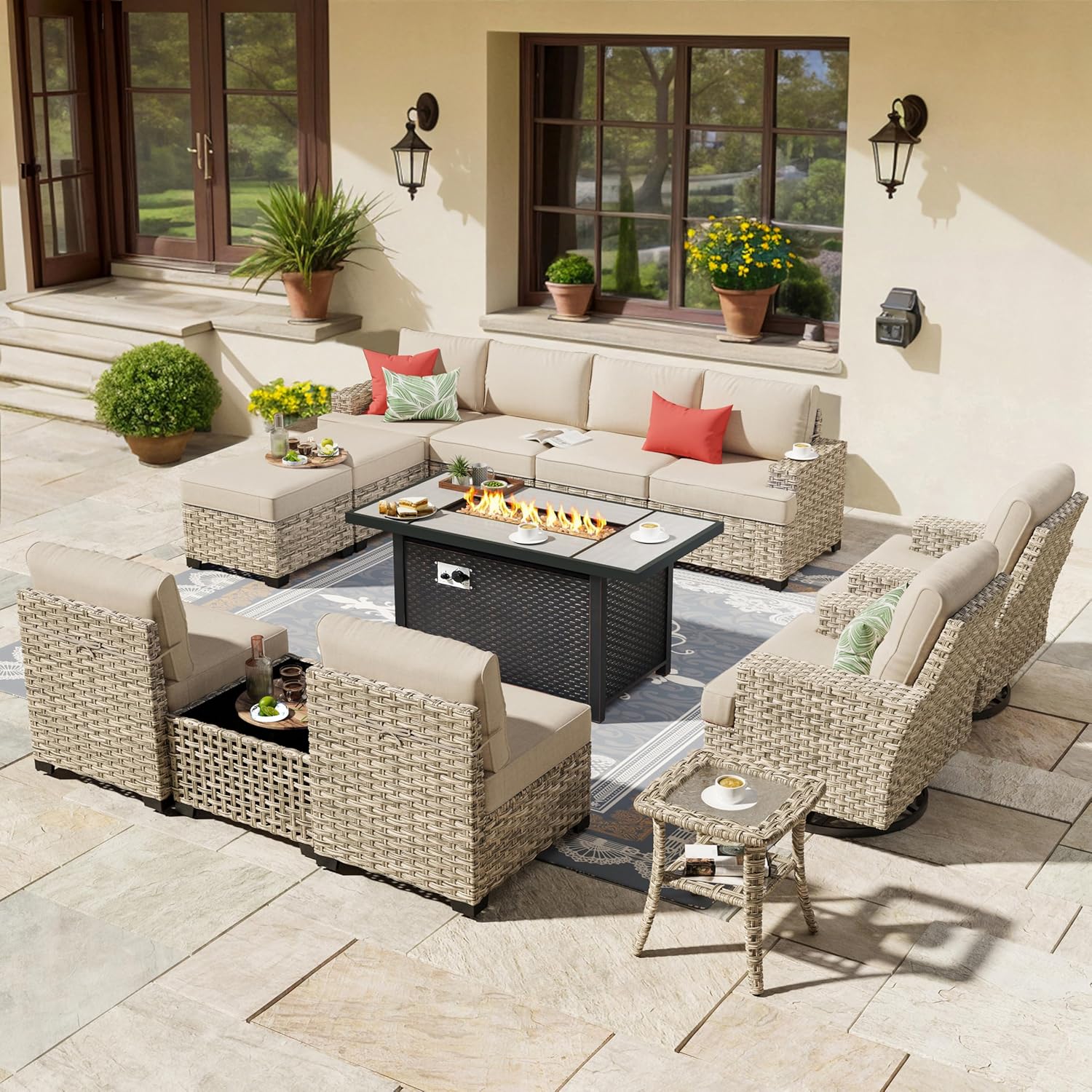 HOOOWOOO Outdoor Sectional Patio Furniture Set with Fire Pit