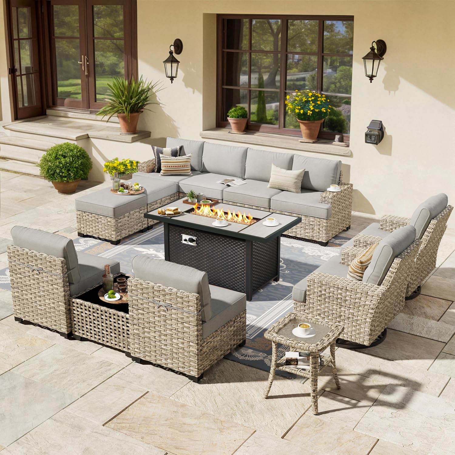 HOOOWOOO Outdoor Sectional Patio Furniture Set with Fire Pit