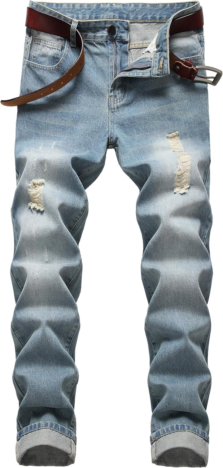 Men Ripped Jeans Slim Fit Straight Leg Denim Pants with Holes