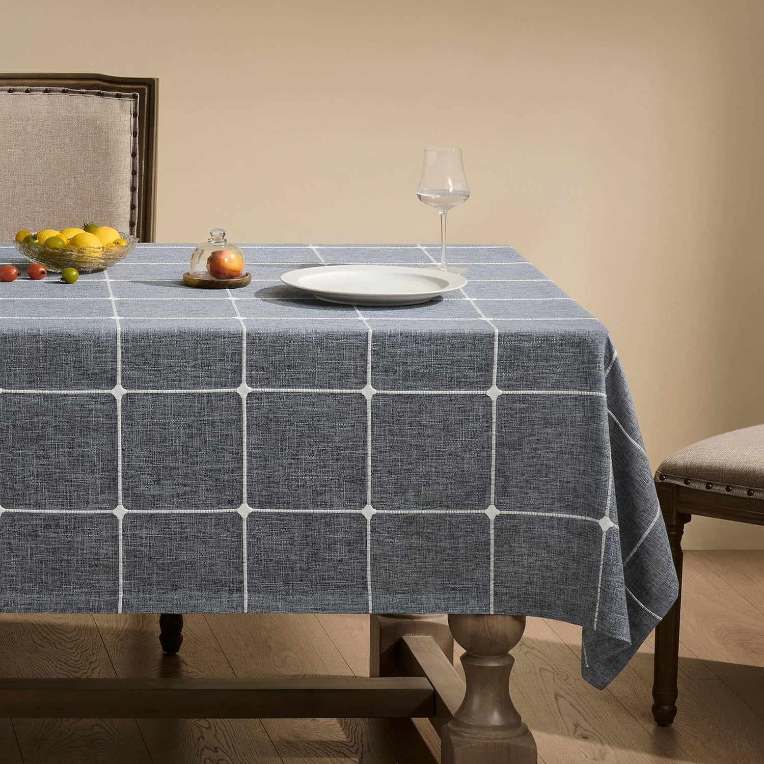ZeeMart Grid Embroidered Hemmed Tablecloths for Farmhouse Style