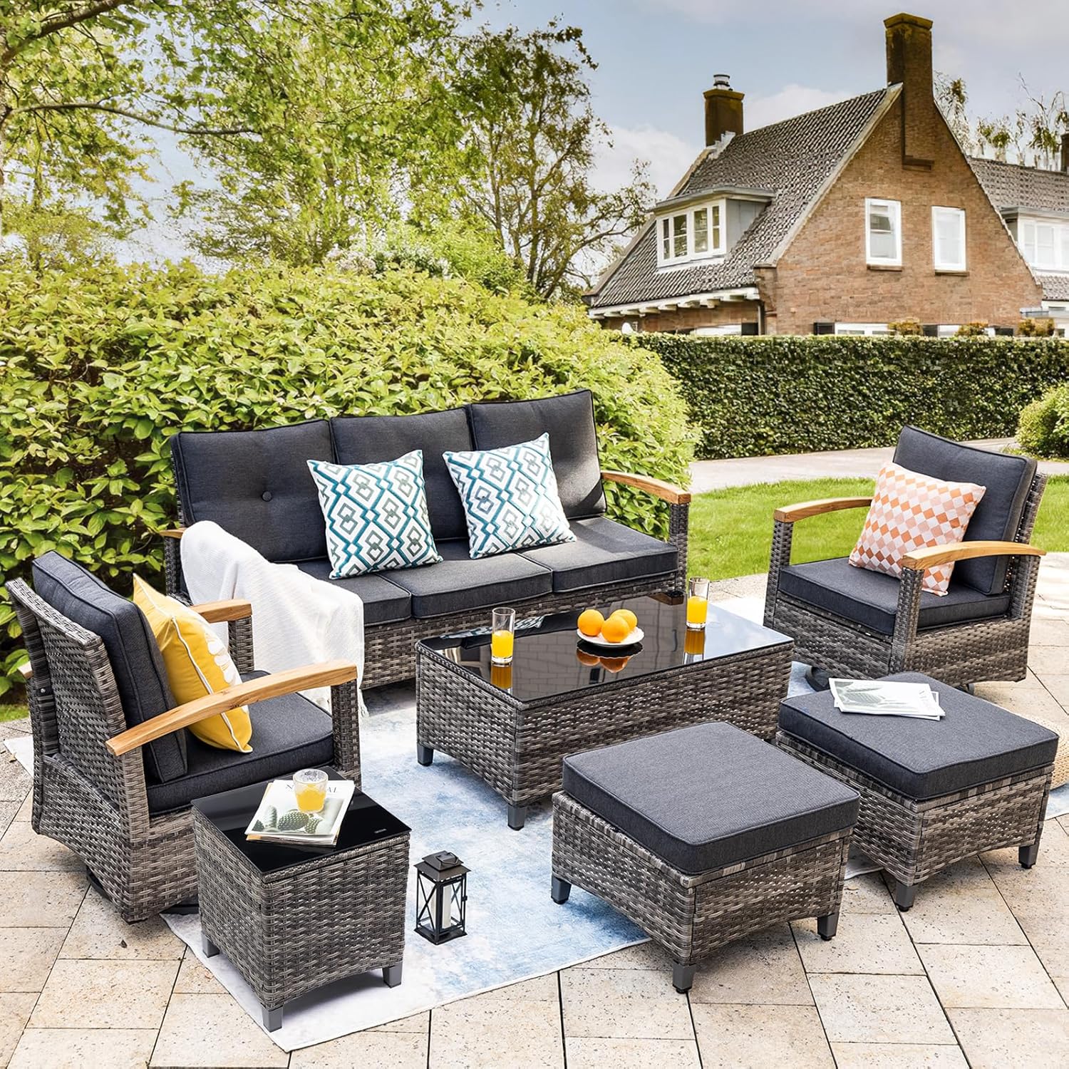7 Pieces Patio Furniture Set with Swivel Rocker Chairs and Sofa