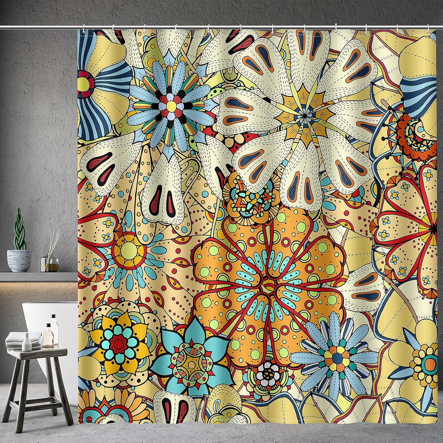 Boho Floral Mandala Shower Curtain Set - Colorful Gypsy Vibes for Stylish Bathroom!