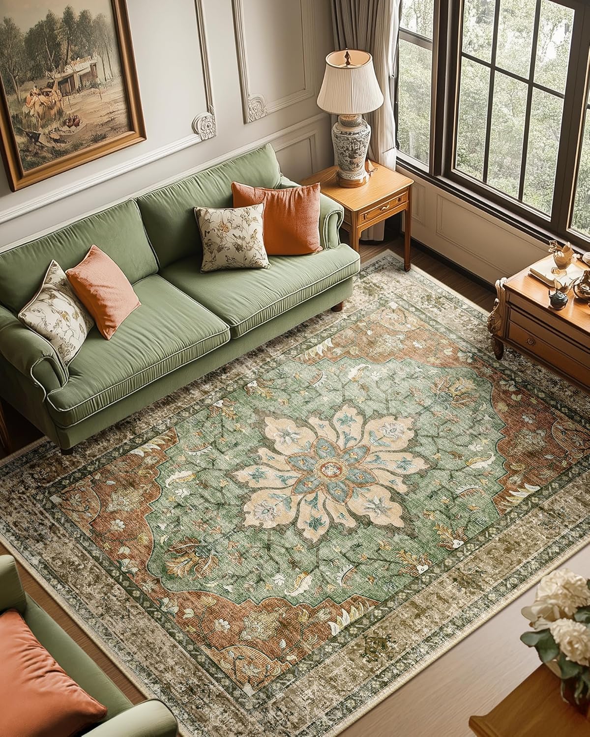 Floral Vintage Distress Print Area Rugs 6ftx9ft Washable Non-Slip