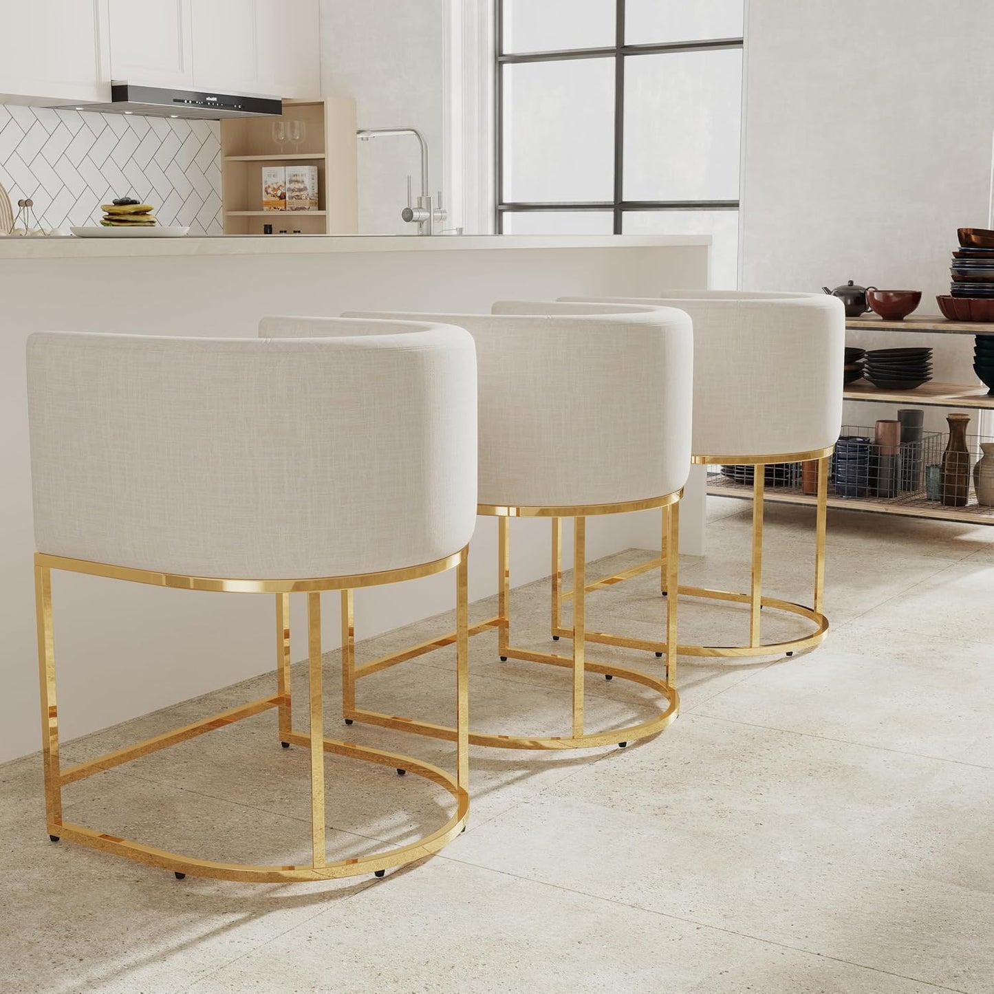 Contemporary Cream Linen Bar Stools Set of 3 for Kitchen Use