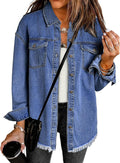 Denim Jacket for Women Oversized Blue Jean Shacket - Frayed Hem