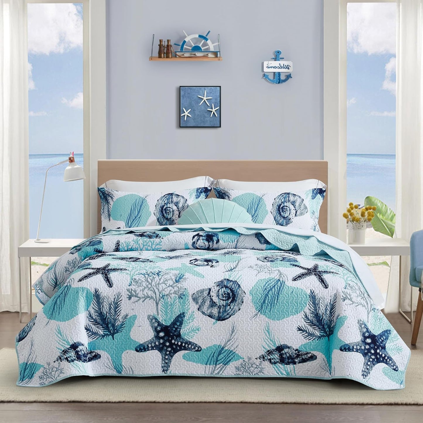 Coastal Quilt Set King Size Nautical Reversible Lightweight Bedding