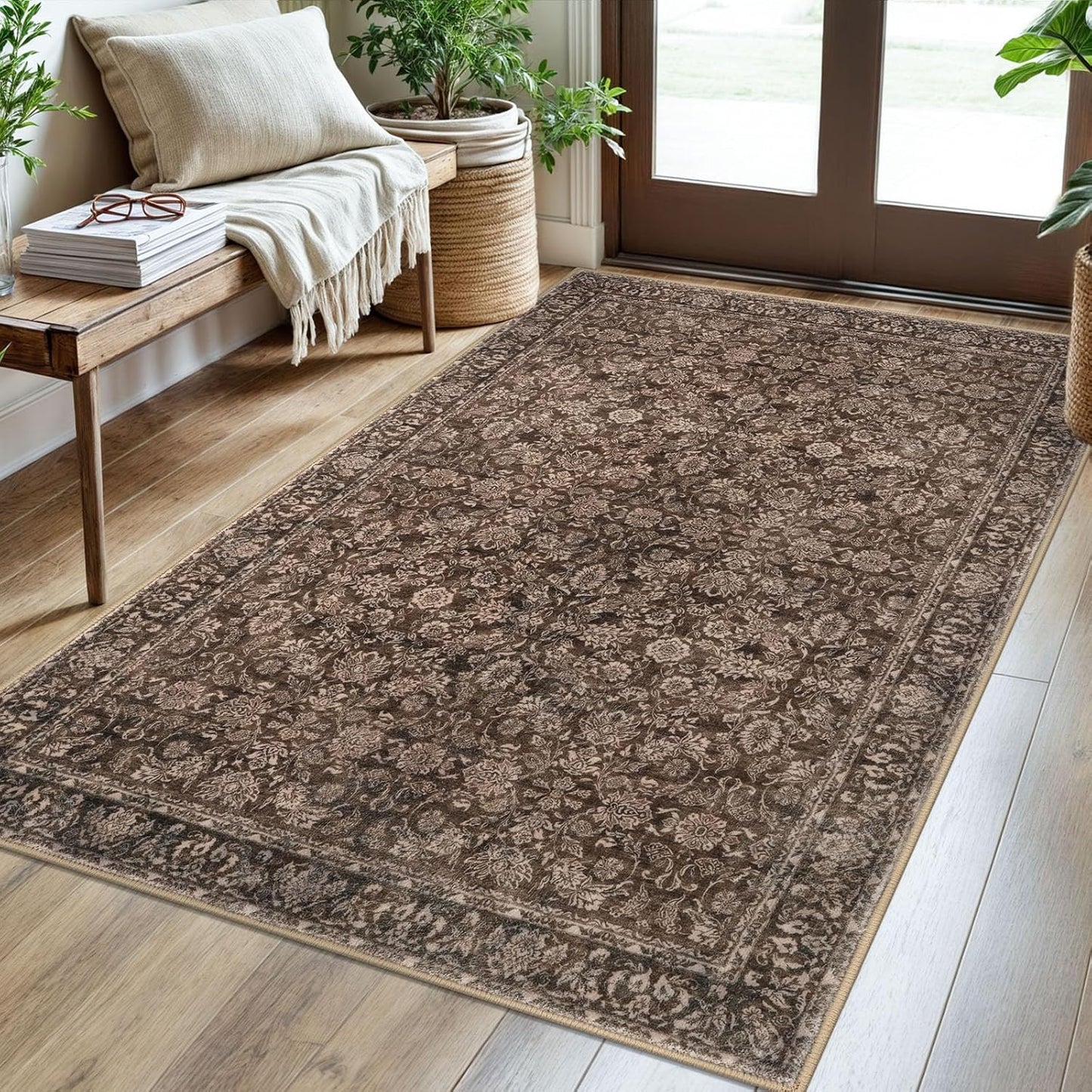 3x5 Rust Washable Rug for Living Room, Soft Distressed Floral