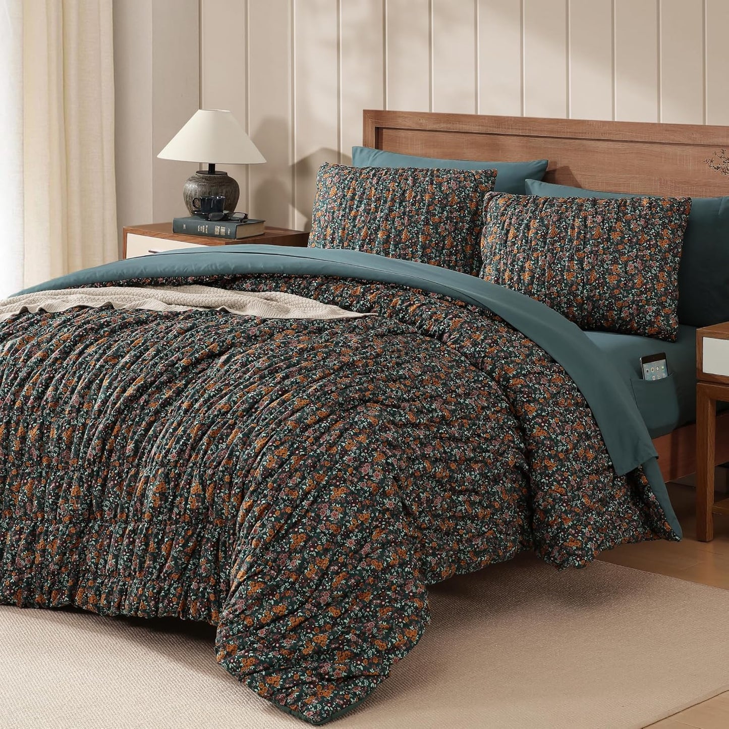 Full Size Comforter Sets - 7 Pieces Dark Green Floral Bedding