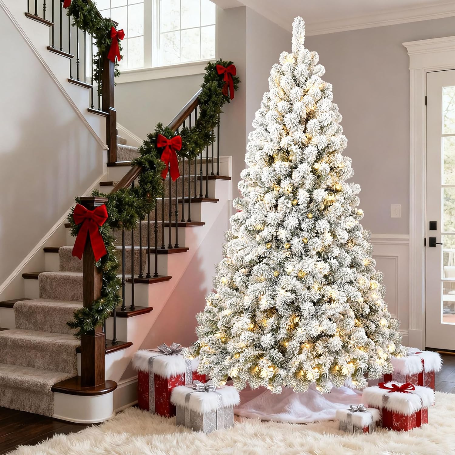 8ft Pre-lit Artificial Christmas Tree with Snow Flocked Design