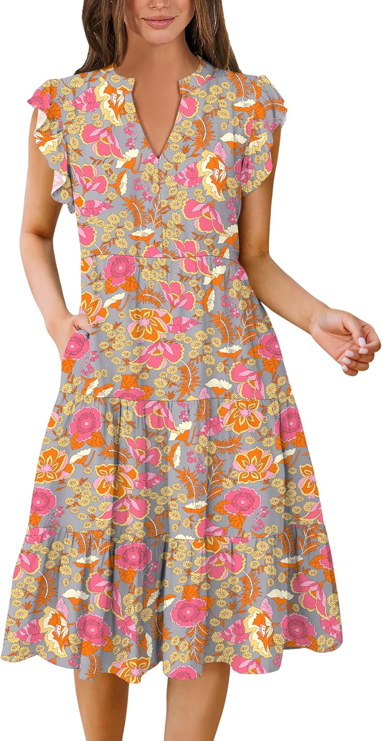 Womens Summer Dress Ruffle Sleeve V Neck Midi Casual Sundress
