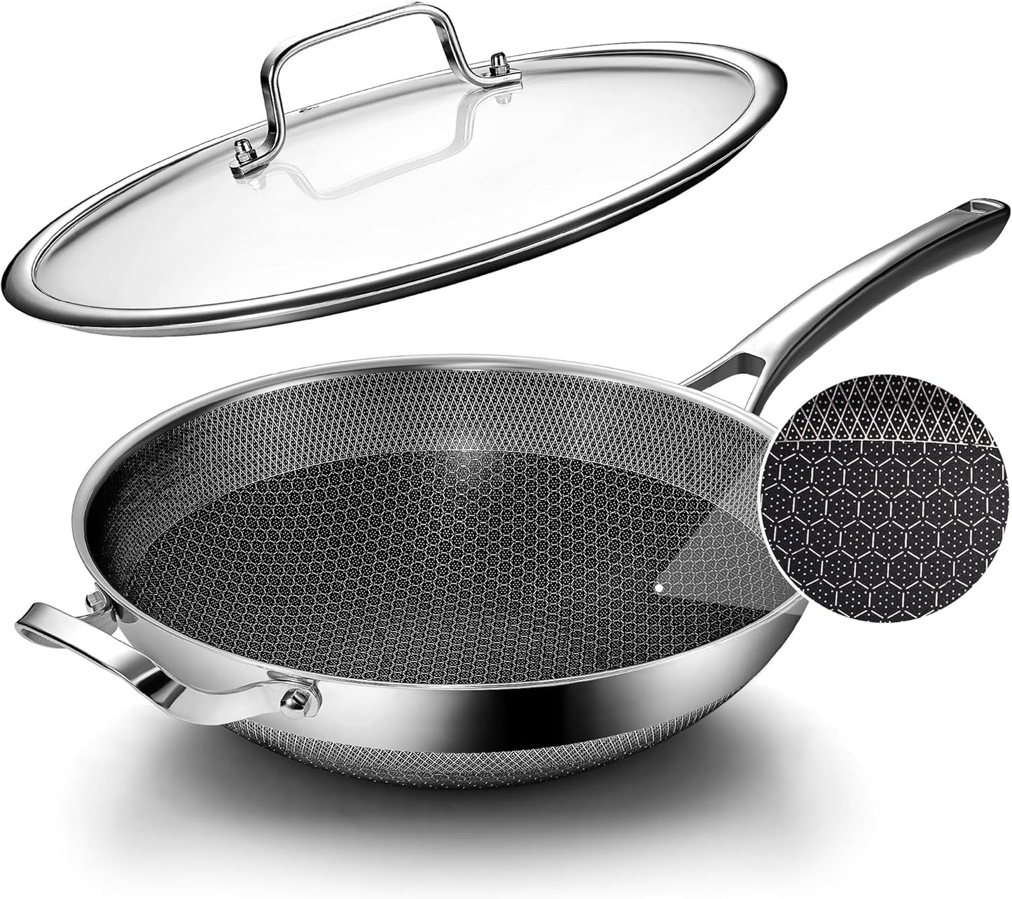 Hybrid Wok Pan 13 Inch with Lid - Non Stick Stainless Steel