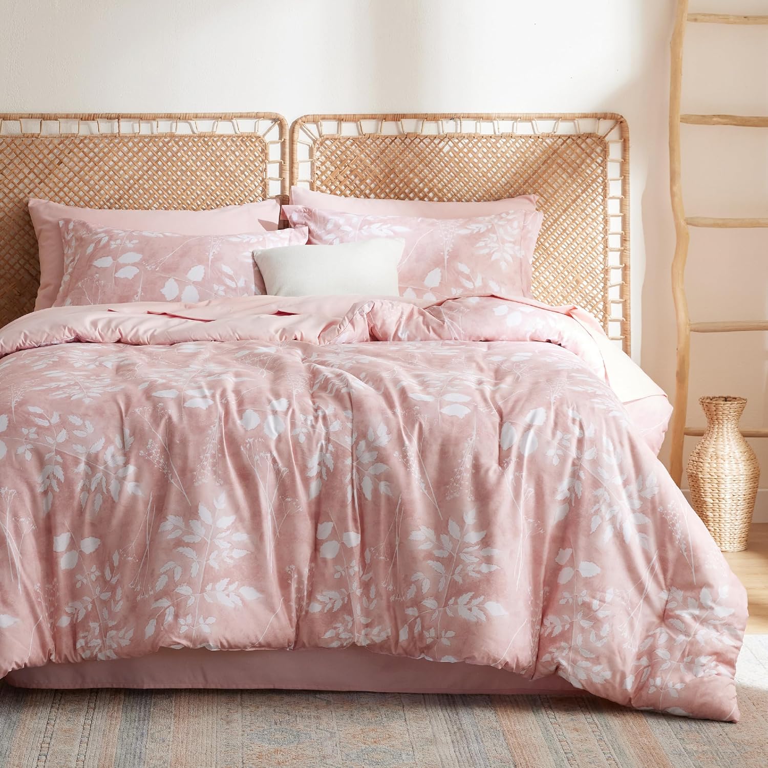 Bedsure Queen Comforter Set - 7 Pieces Floral Pink Bedding