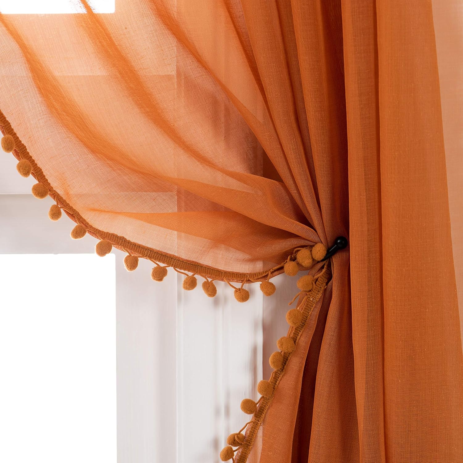 Linen Look Pom Pom Tasseled Sheer Curtains for Living Room