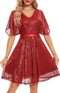 Sparkly Sequin Cocktail Dress Bat Sleeves - Flattering Party Fit Nylon