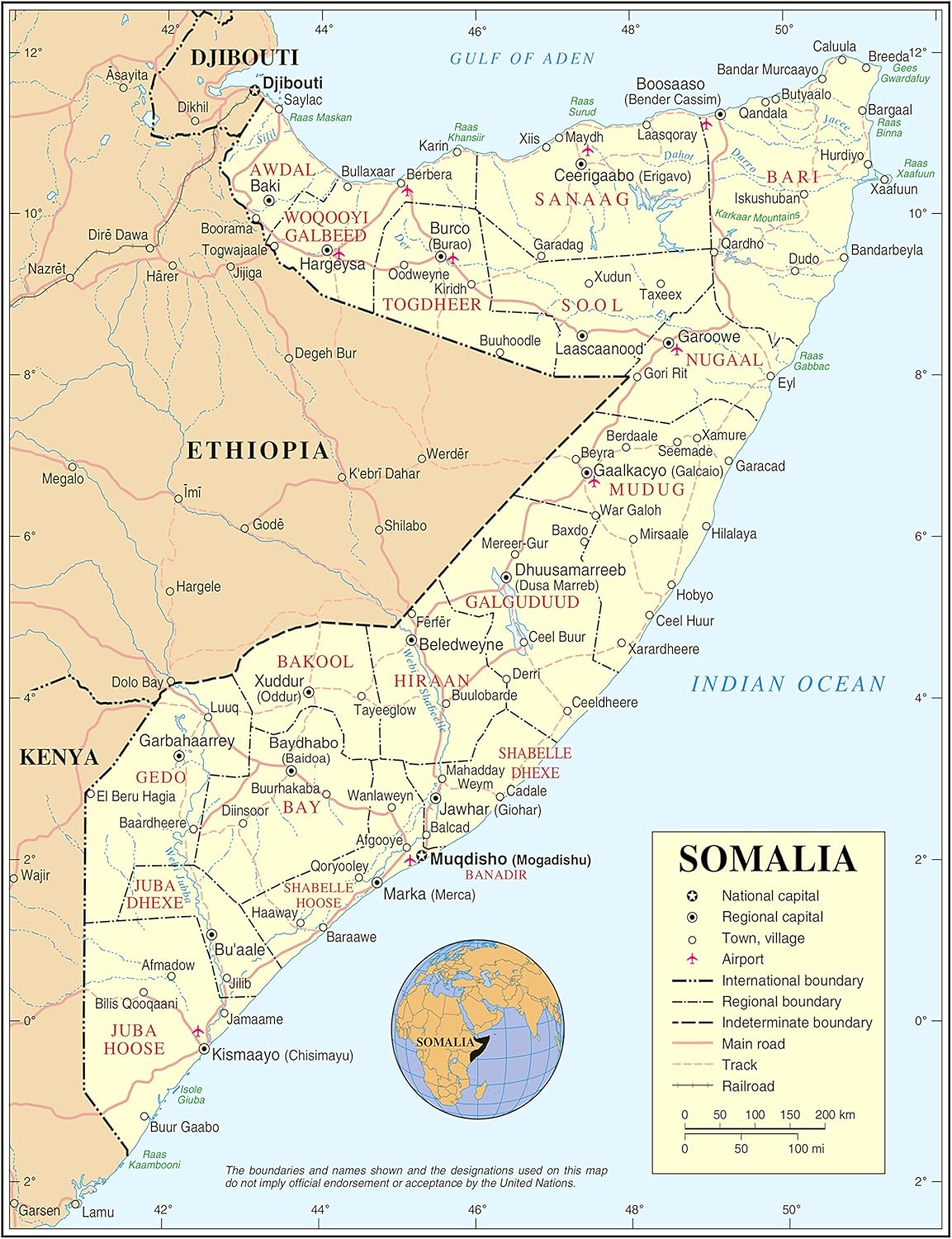 Somalia detailed political map w/roads & cities 24x31