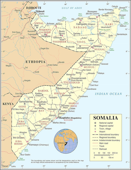 Somalia detailed political map w/roads & cities 24x31