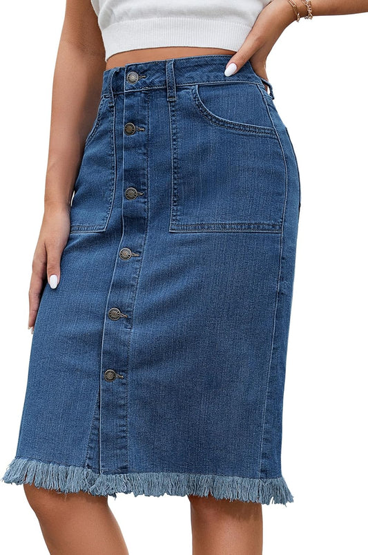 Luvamia Women's Casual Mid Rise Button Down Denim Jean Skirt