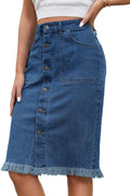 Women's Casual Mid Rise Button Down Denim Midi Skirt - Raw Hem