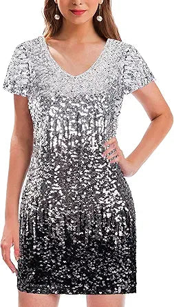 MANER Women's Sequin Glitter Short Sleeve Dress for Parties