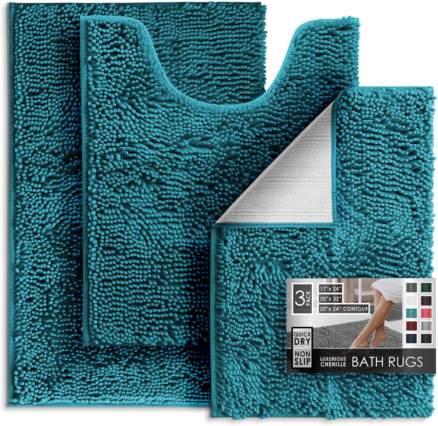 Chenille Bath Mat Set - Soft Non-Slip Bathroom Rugs in Teal