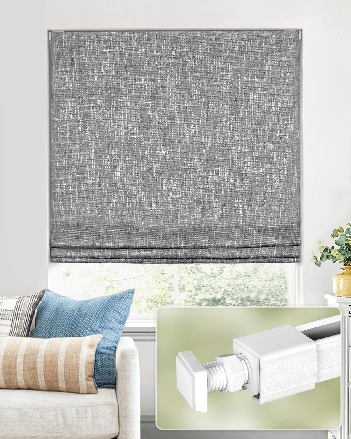 No Tools No Drill Cordless Roman Shades 100% Blackout Charcoal