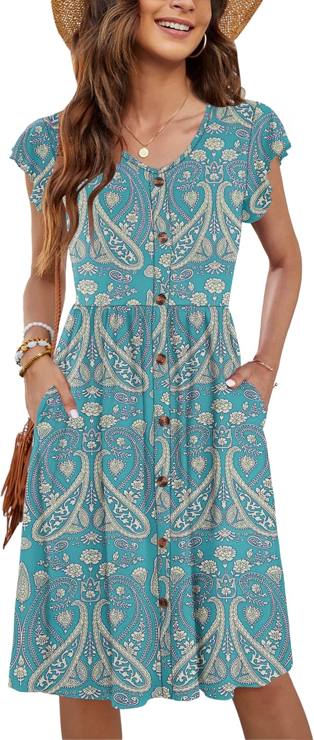 WNEEDU Women Summer Dresses Casual Loose Swing Midi Dress