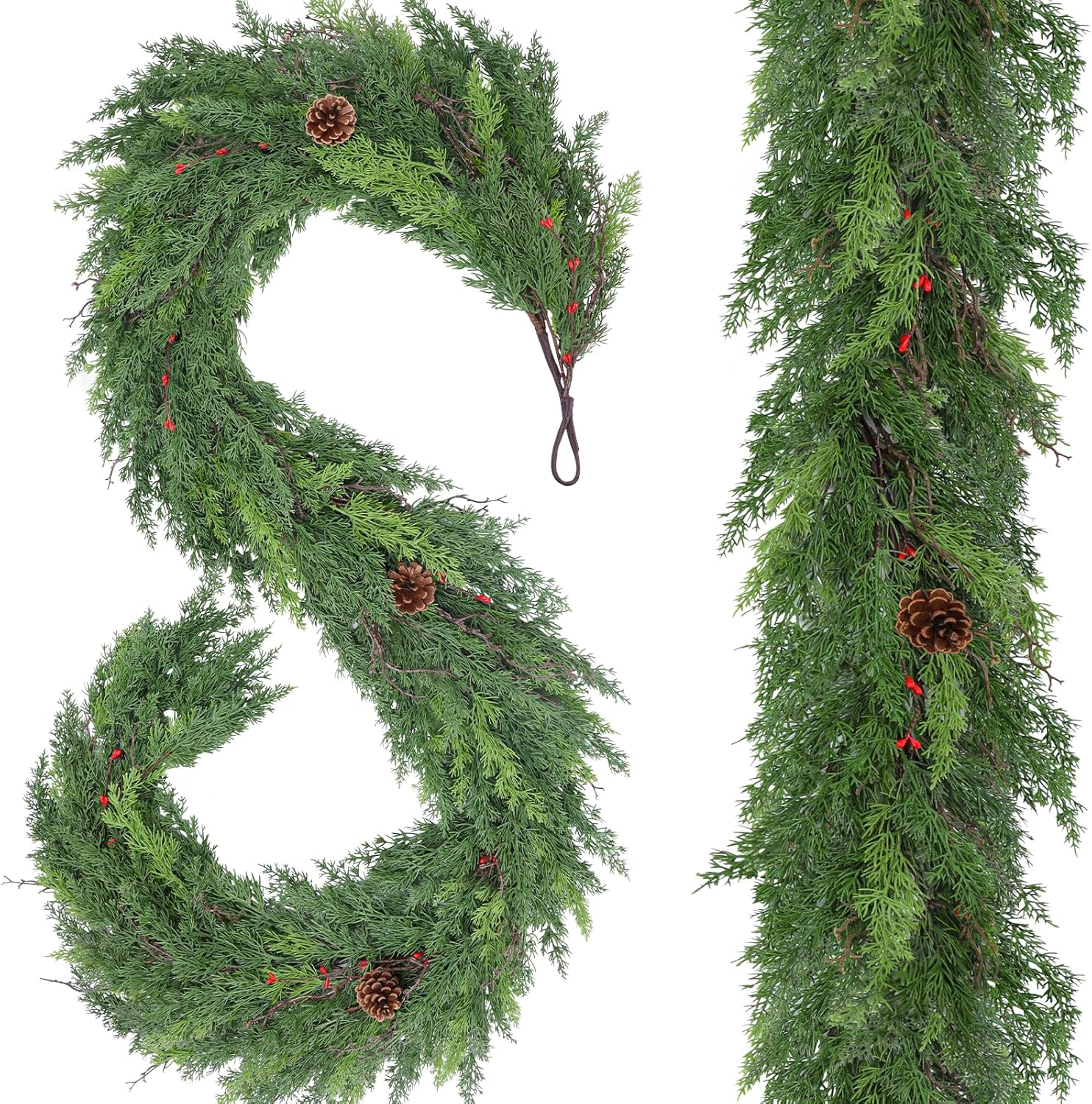 9FT Real Touch Christmas Garland with Pine Cones for Decor