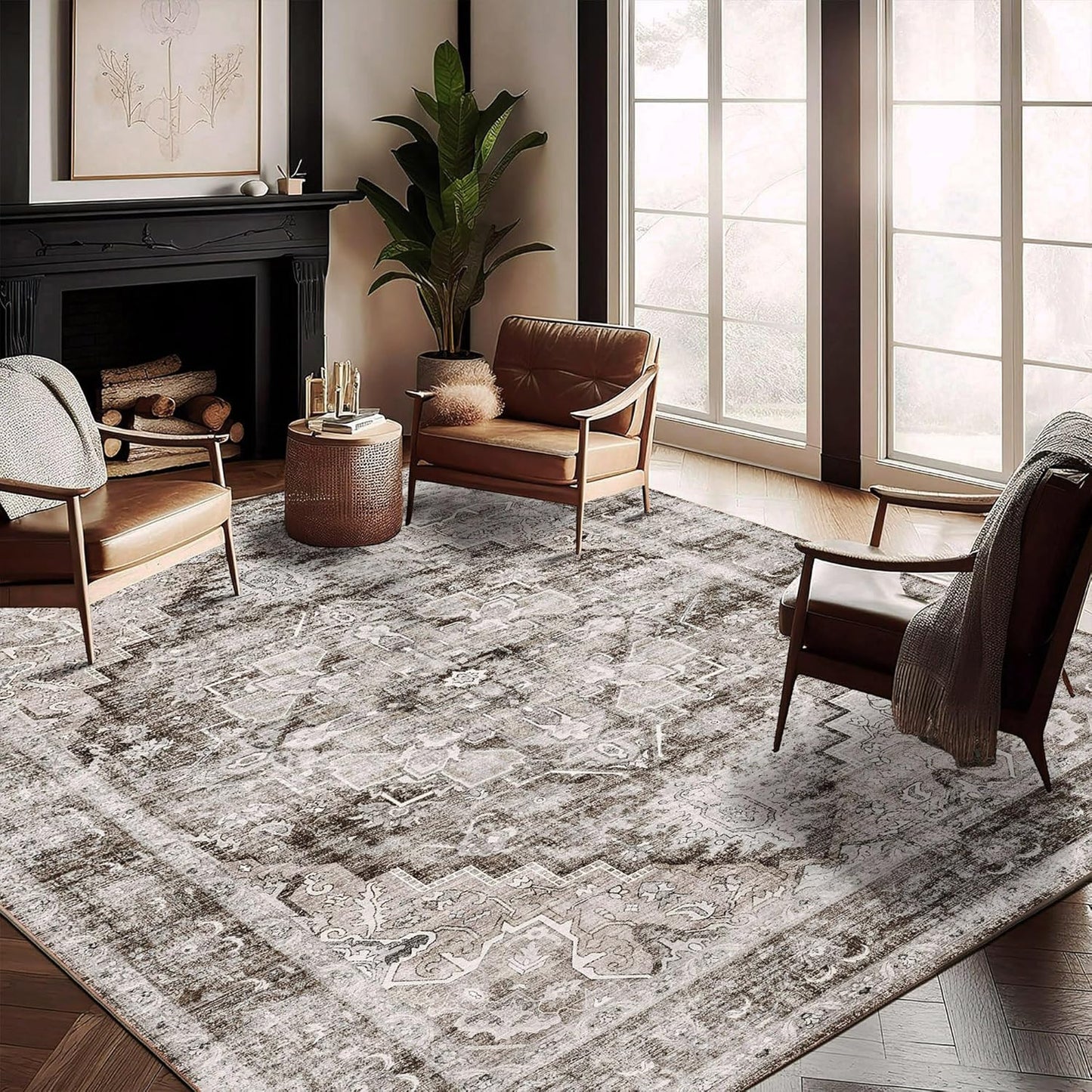 Washable Area Rug 10ftx14ft Deep Khaki Retro Flowers Boho Design