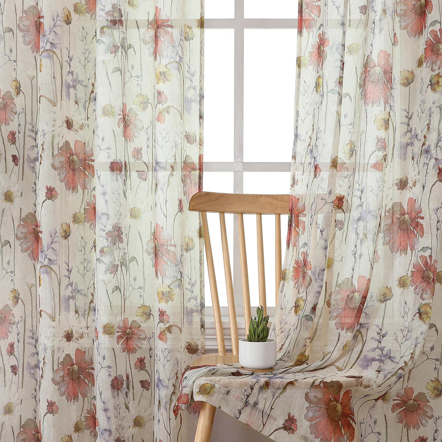 Light Floral Sheer Curtains Set - 2 Panels 84 Inch Length