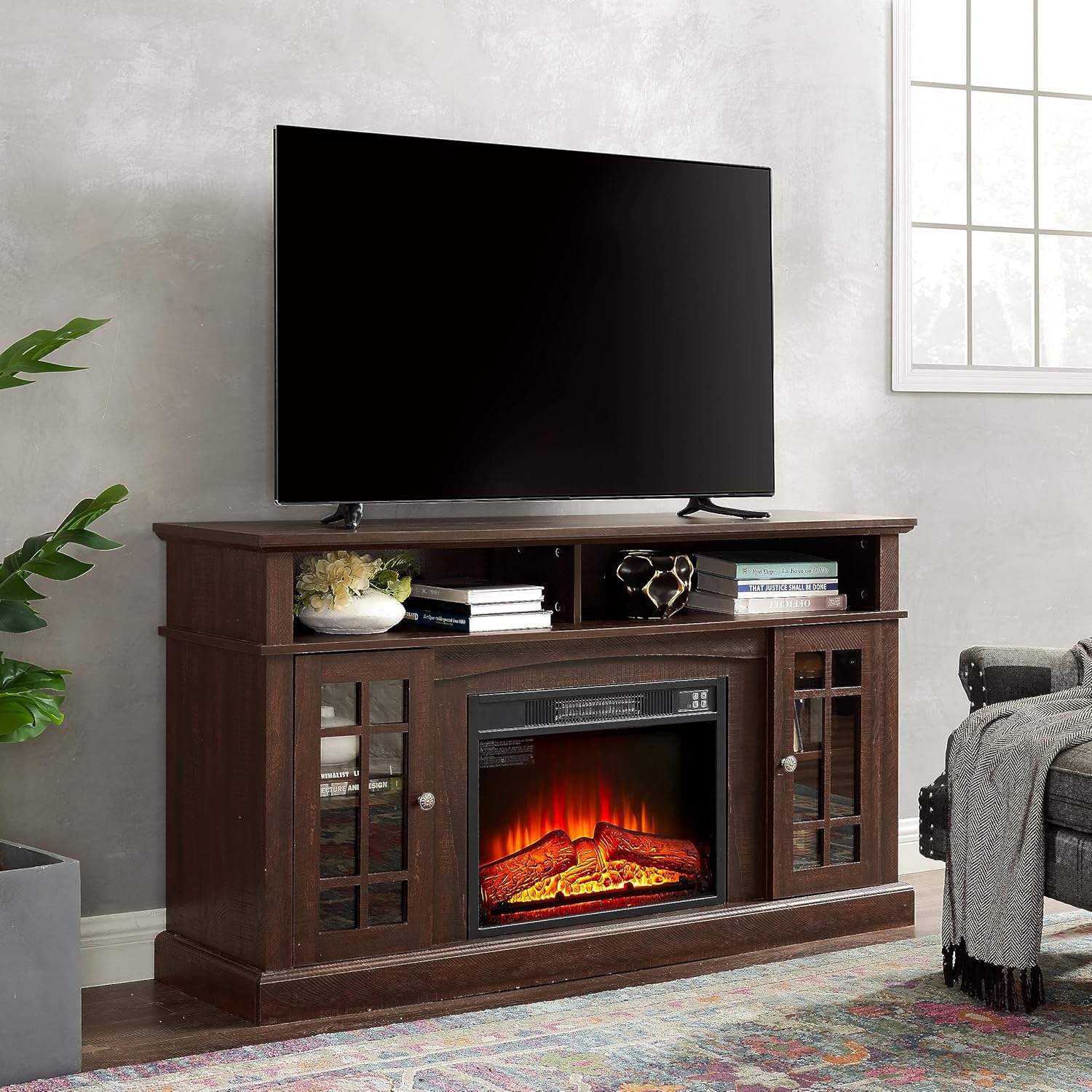 Retro TV Console with Electric Fireplace - Modern Entertainment Up to 65