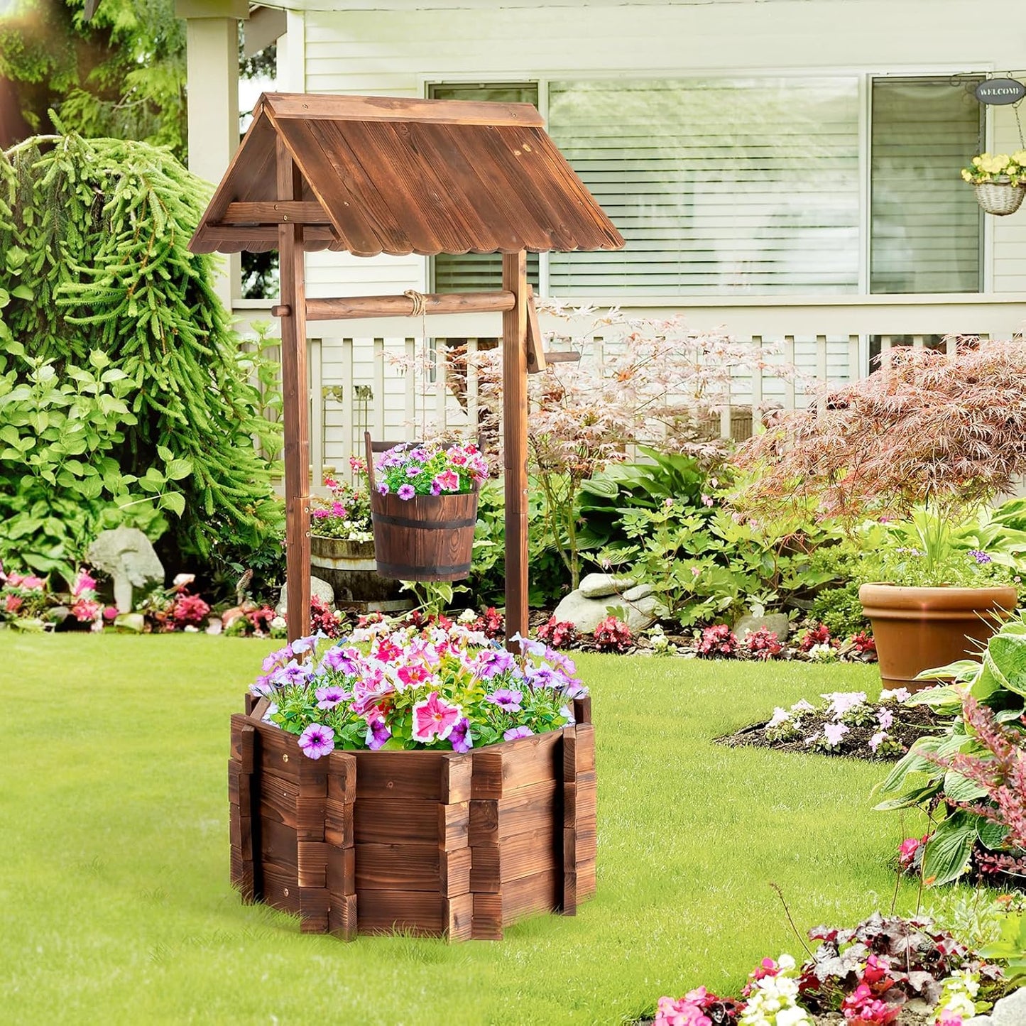 VINGLI Wooden Wishing Well Outdoor Planters for Rustic Decor