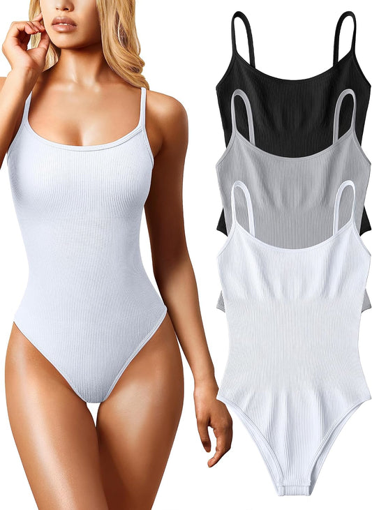 OQQ Women's 3 Piece Bodysuits Sexy Ribbed Sleeveless Tops